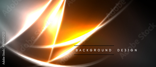 Abstract neon lines create dynamic glow effect. Dark background emphasizes bright orange, white streaks. Modern design element.