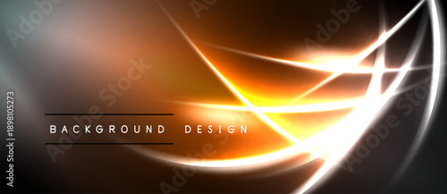Abstract background features vibrant orange, yellow lines. Smooth curves intersect with bright light effects. Modern design element.