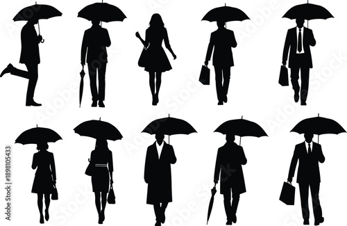People walking with umbrella silhouette collection isolated on white background showing rainy weather, urban lifestyle, commuting, business people, daily life concept