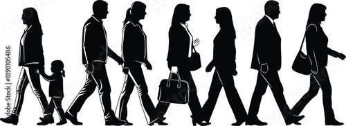 People walking silhouette collection isolated on white background showing daily life, commuting, family, business, urban movement, lifestyle concept illustration