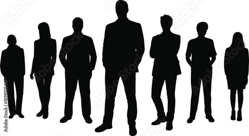 Business team silhouettes, professional people standing, corporate group, leadership concept, diverse workforce, teamwork, office culture, isolated background, vector illustration, design