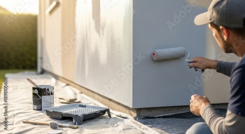 Man painting exterior wall with white paint using roller, home improvement