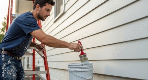 Man Painting House Exterior with White Siding and Gray Trim