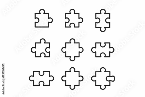 Set of nine minimalist puzzle pieces in various shapes and styles