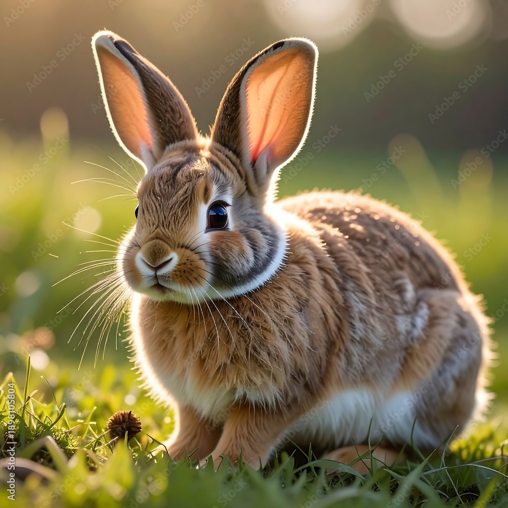 Fototapeta premium Adorable, fluffy rabbit bathed in warm sunlight, sitting in the grass