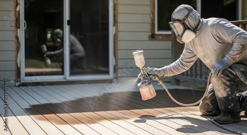 Man Spray Painting a Wooden Deck with Protective Gear