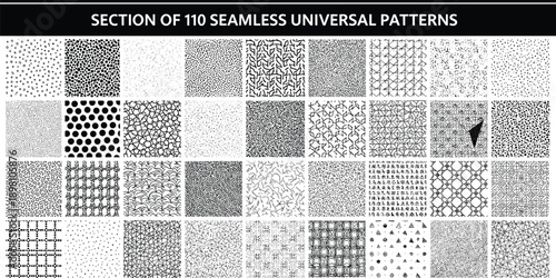 Seamless black and white pattern collection, abstract geometric textures, universal backgrounds set, hand drawn designs, vector illustration, decorative, repeatable, pack