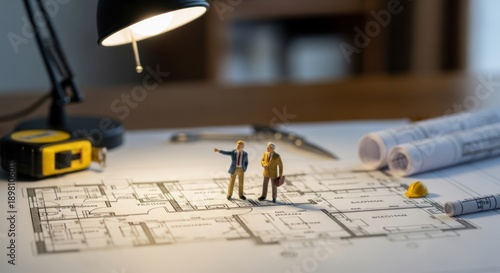 Miniature Architects Discussing Blueprint Plans at Desk with Lamp