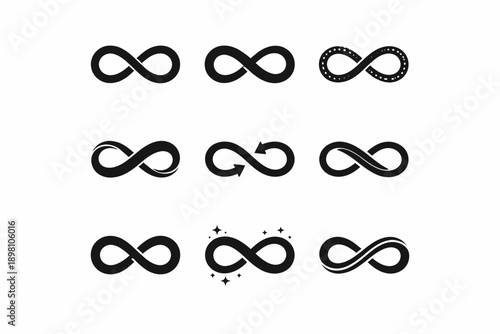 Collection of nine unique black infinity symbols with various designs