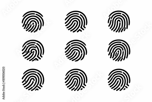 Set of nine distinct fingerprint circles on white background