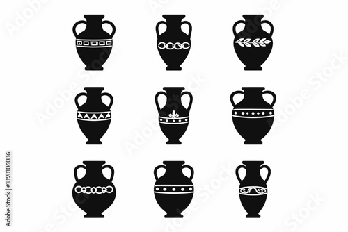 Set of nine black silhouettes of greek amphora vases with unique patterns