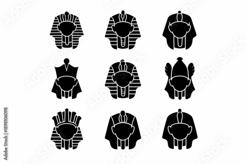 Ancient egyptian pharaoh silhouettes: nine iconic headdress designs in black and white