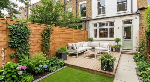 Modern Backyard Oasis: Deck, Patio, Outdoor Furniture, Lush Garden