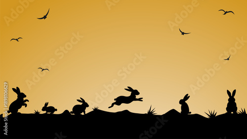 Silhouette illustration of rabbits running and jumping on hills during golden sunset. Minimalist wildlife scene with warm gradient sky, flying bird and peaceful nature atmosphere, ideal for background