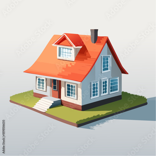 Charming Isometric View of a Cozy Suburban House with a Red Roof and Green Lawn