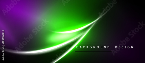 Abstract vibrant background. Green, purple hues blend smoothly. Dynamic curves create modern visual effect. Dark areas provide contrast.