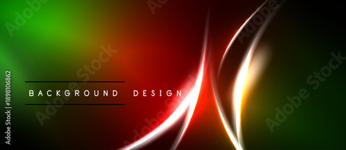 Abstract neon lines over dark background. Gradient transitions from green to red create dynamic visual effect. Modern design element.
