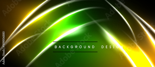 Abstract neon lines create dynamic green, yellow glow. Dark background emphasizes bright curves, waves, modern design elements.