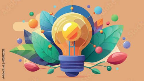 Creative Lightbulb Illustration with Organic Leaves and Colorful Abstract Elements