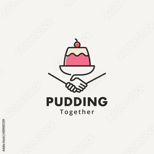 Pudding with handshake line art logo design. Cooking class, cook together, food collaboration symbol logo icon