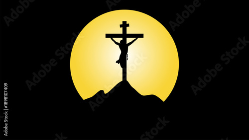 Silhouette of Jesus Christ on the cross against a glowing full moon at night. Minimalist religious illustration symbolizing crucifixion, faith, sacrifice, and Christian belief, suitable for spiritual 