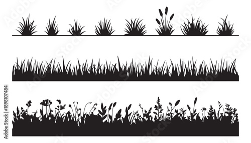 Set of black grass silhouettes and floral border strips for landscape design and architectural visualization