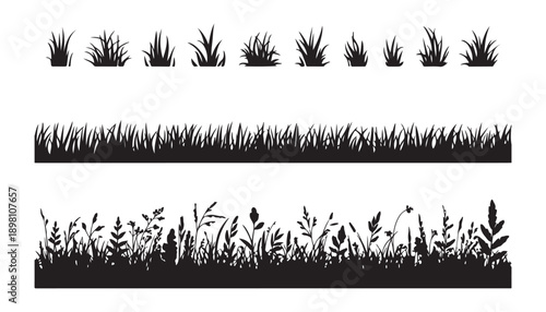 Grass borders and clumps silhouette vector set isolated on white background natural meadow design elements