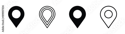 Pin icons, location and destination vector symbols, map pin illustration isolated on white background, clean minimalist design, suitable for mobile apps, websites, navigation systems, user interfaces,