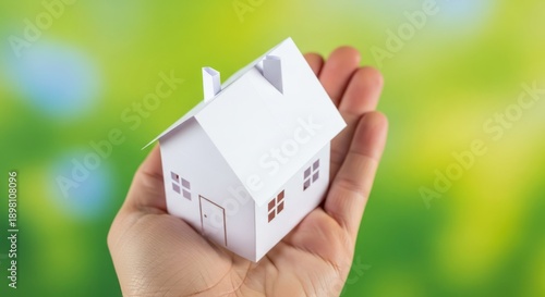 Paper House Model Held in Hand, Green Blurred Background, Home Ownership Concept