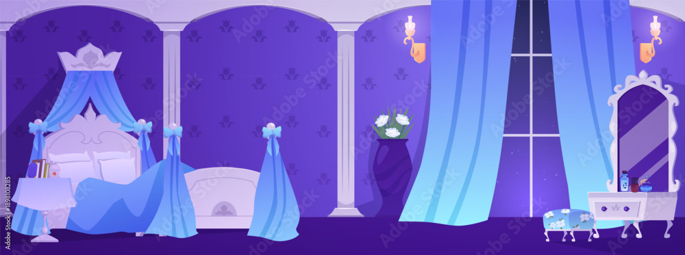 Fototapeta premium A princess's bedroom interior in blue tones, with a window, burning candles, a bed, and a mirror.