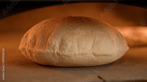 Freshly baked pita bread puffing up inside a hot oven.