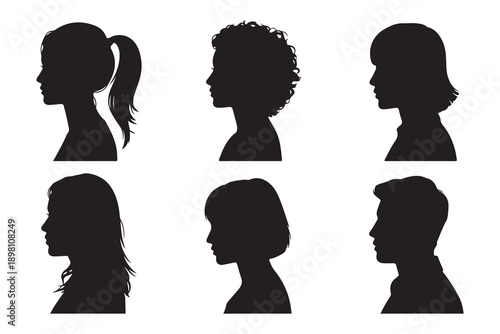 Set of diverse silhouettes representing different hairstyles and genders, isolated on white