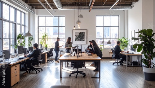 Bright and spacious office space with employees working collaboratively.