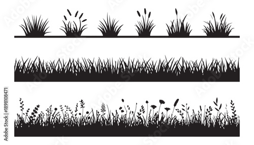 Grass and meadow flora silhouettes vector set isolated on white background for natural design projects