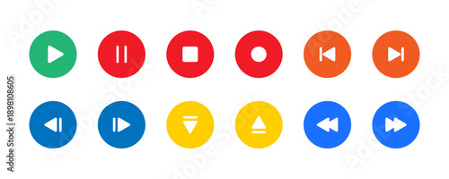 Comprehensive set of colorful media player control icons, including play, pause, stop, record, and navigation symbols within solid circular buttons for digital interfaces.