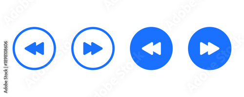 Detailed description of blue media player fast navigation icons, including fast rewind and fast forward controls within outlined and solid circular buttons, suitable for digital interface design.