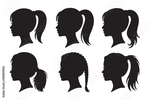 Set of six girl head silhouettes with various hairstyles including ponytails and braids looking left