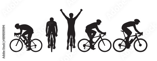 Diverse cyclists in action, victory pose and racing positions, athletic silhouettes illustration