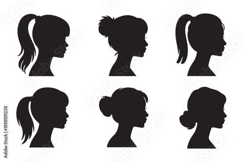 Collection of six girl head silhouettes with various updos and ponytails looking left on white