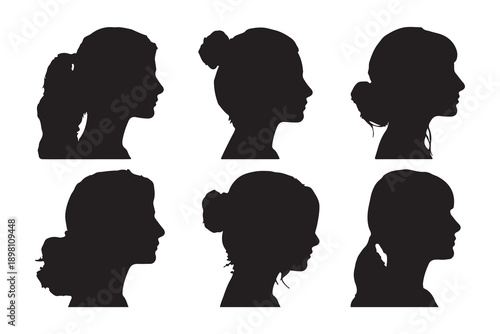 Collection of six woman head silhouettes with various hairstyles including updos and ponytails