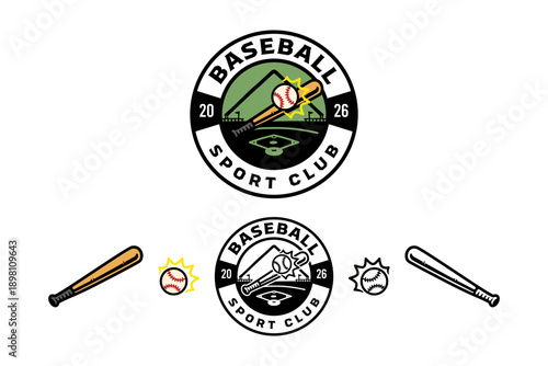 Baseball sport with stadium, bat and ball retro badge logo design set for athletic club. Baseball team with sport arena, club and ball hit vintage patch symbol element pack for league and tournament