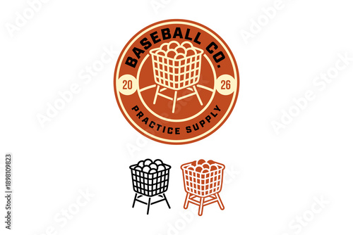 Baseball practice basket retro badge logo design set for athletic club. Baseball ball cart vintage patch element design pack for coaching program. Training ball basket, Baseball practice equipment