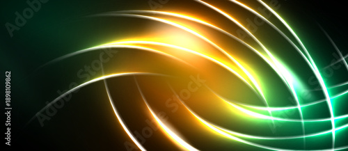 Abstract vibrant lines create swirling energy. Bright colors blend, forming dynamic visual impact. Dark background emphasizes luminosity.