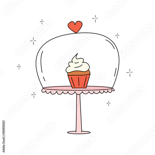 cute hand drawn cartoon cupcake in a glass and pink porcelain splashback with red heart funny romantic vector illustration for valentine’s day holiday isolated on white background