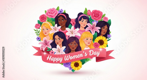Diverse women faces in heart shaped floral arrangement happy women's day