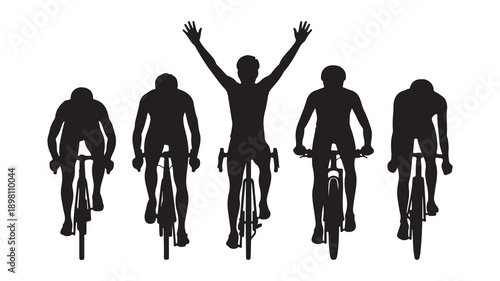 Champion bicycle racer silhouette celebrating victory with arms raised front view of group on white background