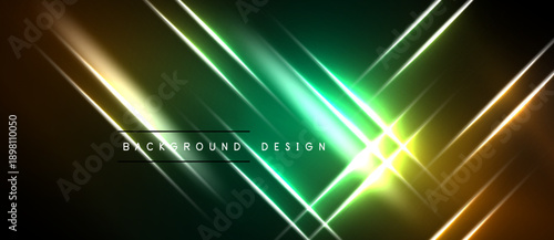 Abstract neon lines create vibrant geometric patterns. Dark background emphasizes glowing green, yellow gradients. Modern design element.