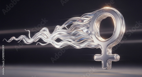 Glowing silver female symbol with flowing energy lines on dark background