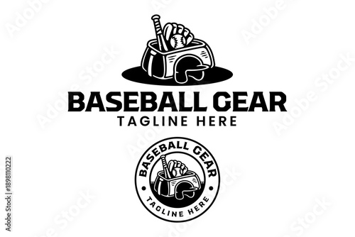 Baseball gear bag retro badge logo design set for sport team. Baseball training gear vintage patch symbol graphic pack for league and retail. Baseball equipment bag, Catcher gear bag