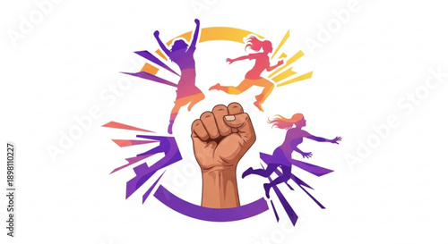 Empowered women celebrating together raised fist surrounded by dynamic female silhouettes in purple and orange